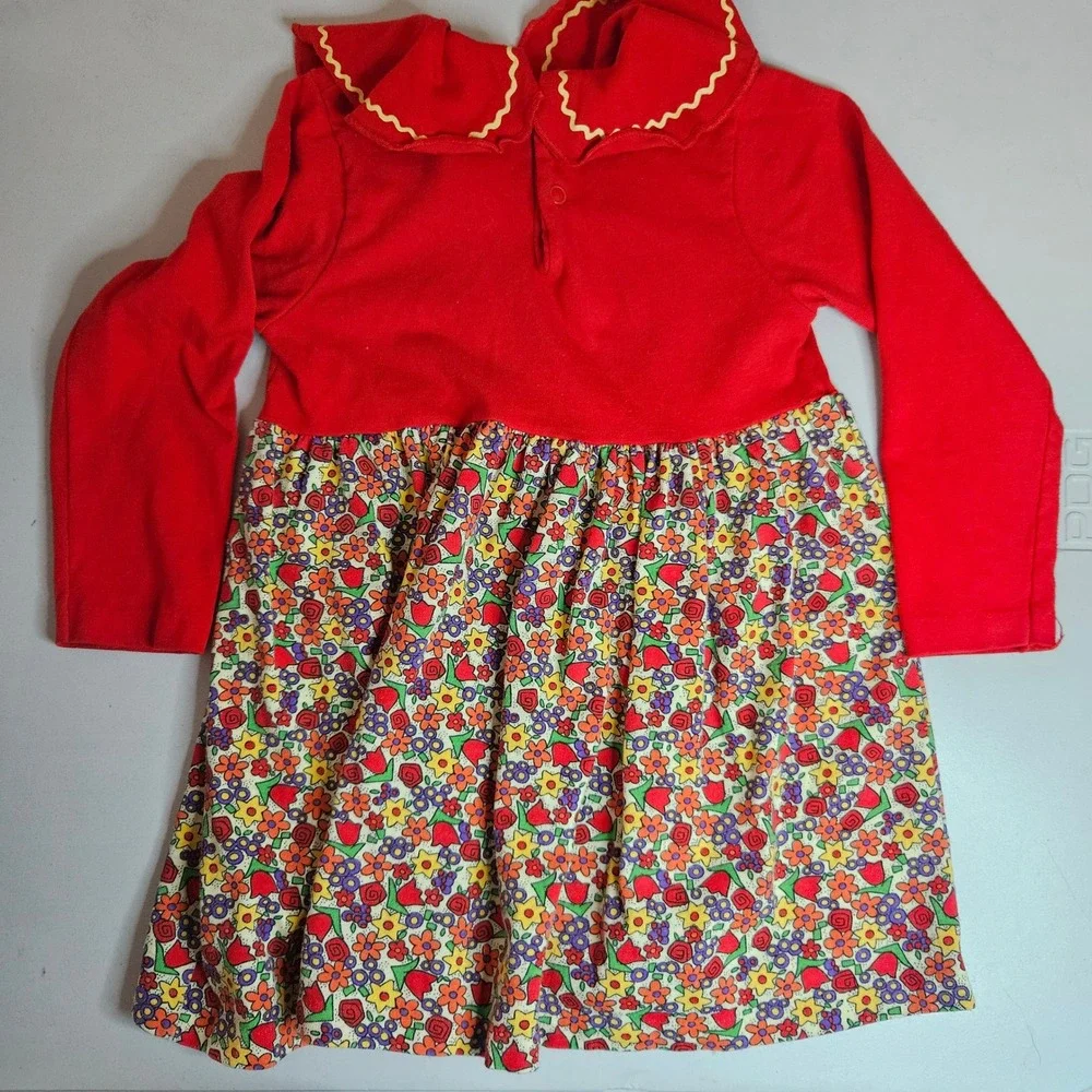 Vintage Buster Brown Girls 4T Red Floral Ric Rac Peter Pan Collar Dress USA Made